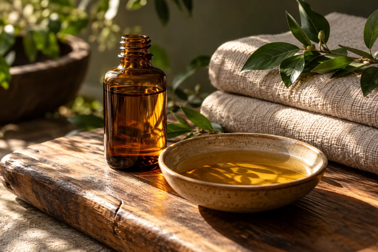 Golden body oil in a ceramic bowl beside an amber bottle and folded natural linen