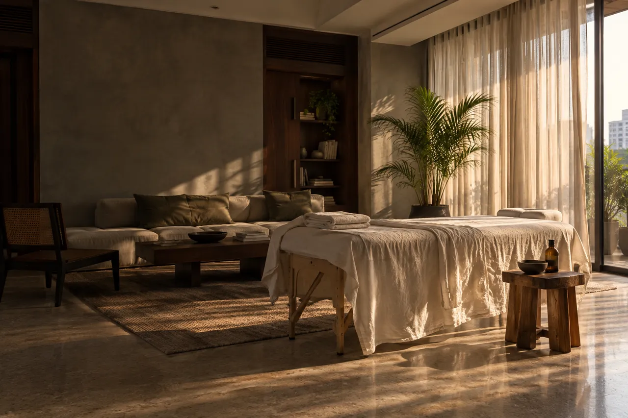 A massage table dressed in natural linen in a calm, sunlit contemporary home