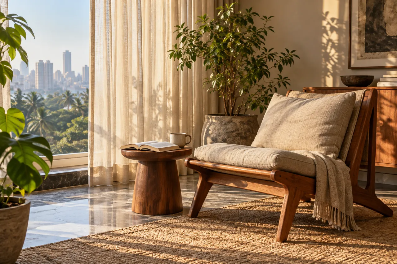 Afternoon light falling across a quiet reading corner with a teak chair and linen cushion